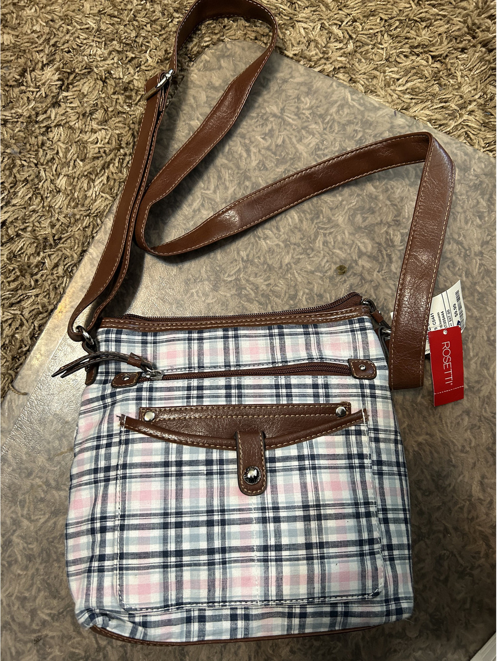 Rosetti Triple Play Plaid Crossbody Shoulder Bag with Brown Trim